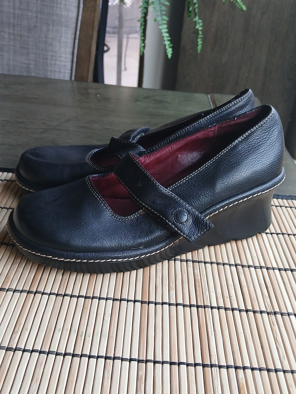 Women's Black Leather Mary Jane Wedge Shoes